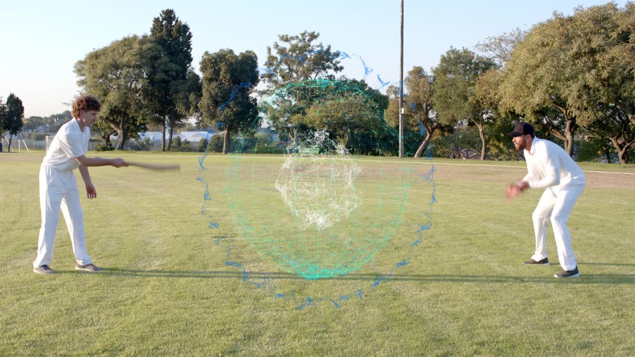 Kriket antrenmanı için topu atan bowling oyuncusu, sopayı sallayan vurucu ve kriket çizgisinin üzerinde çakan turkuaz hologram