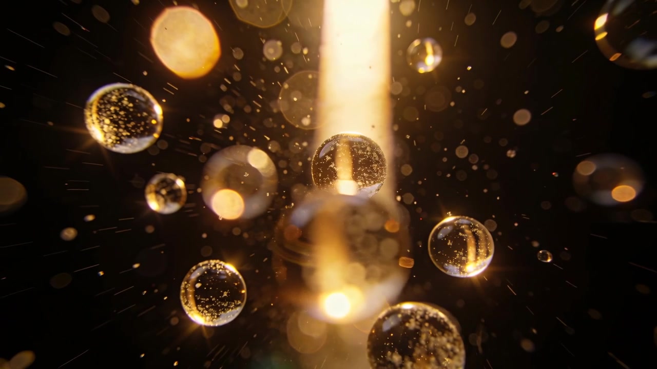 Colonna dorata che si illumina, causando bolle traslucide che mostrano macchioline interne che galleggiano in un recipiente scuro.