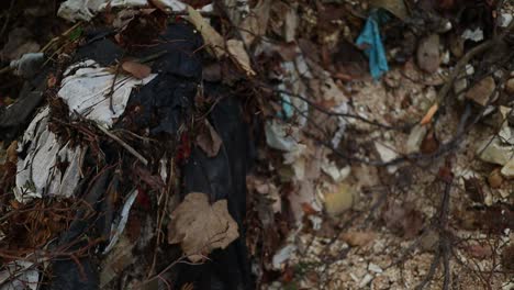 Telas-Viejas-Y-Desechos-Plásticos-Contaminan-El-Bosque,-Tiro-De-Cierre-En-Cámara-Lenta