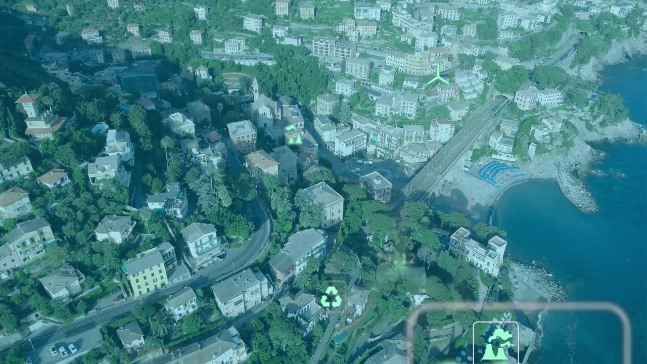 animación de iconos digitales y procesamiento de datos sobre el paisaje urbano