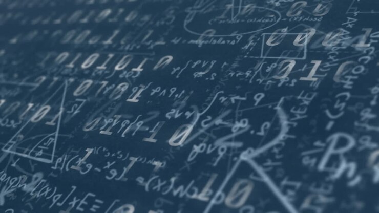 Digital animation of binary coding data processing against mathematical equations on blue background