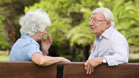 old couple laughing on a bench