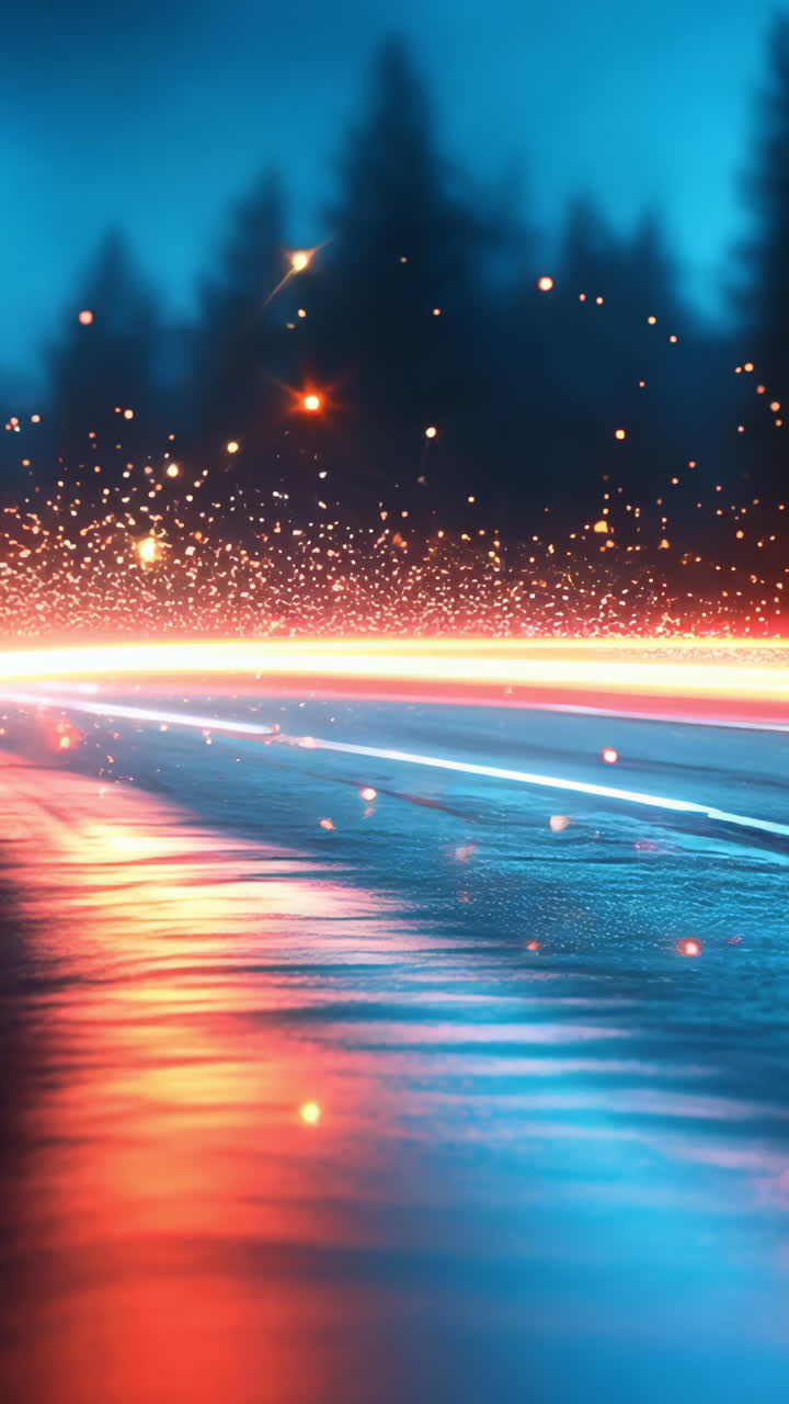 A blurry road with a bright orange line. The road is wet and the orange line is glowing