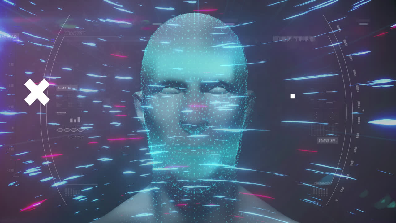 animación de la cabeza humana digital sobre rastros de luz