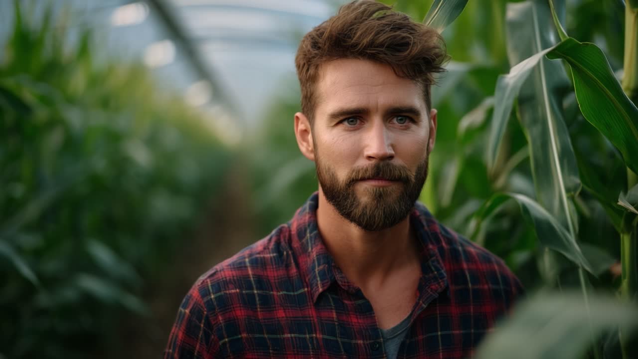 Contemplative Farmer in a Lush Green Cornfield: A Journey Through Nature's Growth and Personal Reflection Amidst Rows of Corn in a Serene Environment