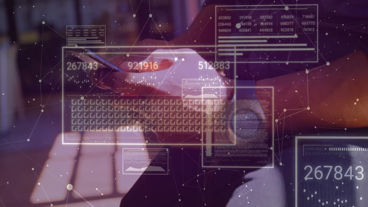 Hands tapping and swiping phone, updating numeric data panels, collapsing after final tap