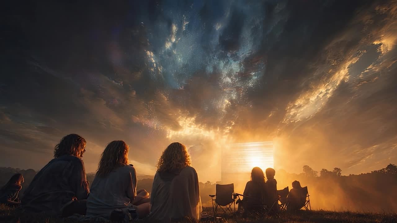 Outdoor movie screening at sunset creates magical atmosphere