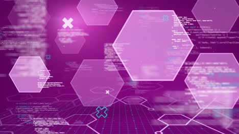 Animation-of-shapes-and-data-processing-over-purple-background