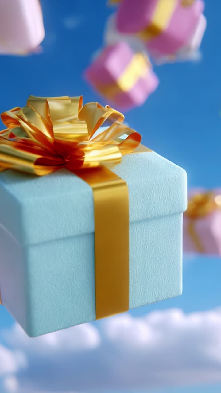 A whimsical display of colorful gifts floating in a bright blue sky, showcasing various elegant presents adorned with shiny bows and ribbons, creating a sense of celebration and joy