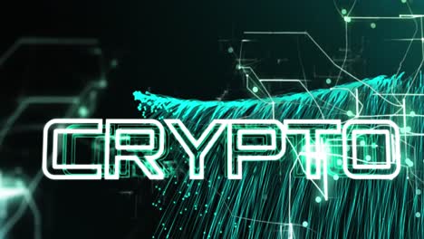 Animation-of-crypto-text-banner-and-glowing-light-trails-against-green-background