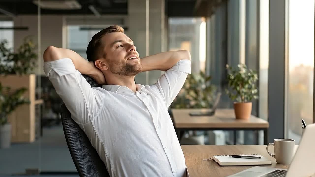 Joven empresario feliz relajándose y estirándose en una oficina moderna