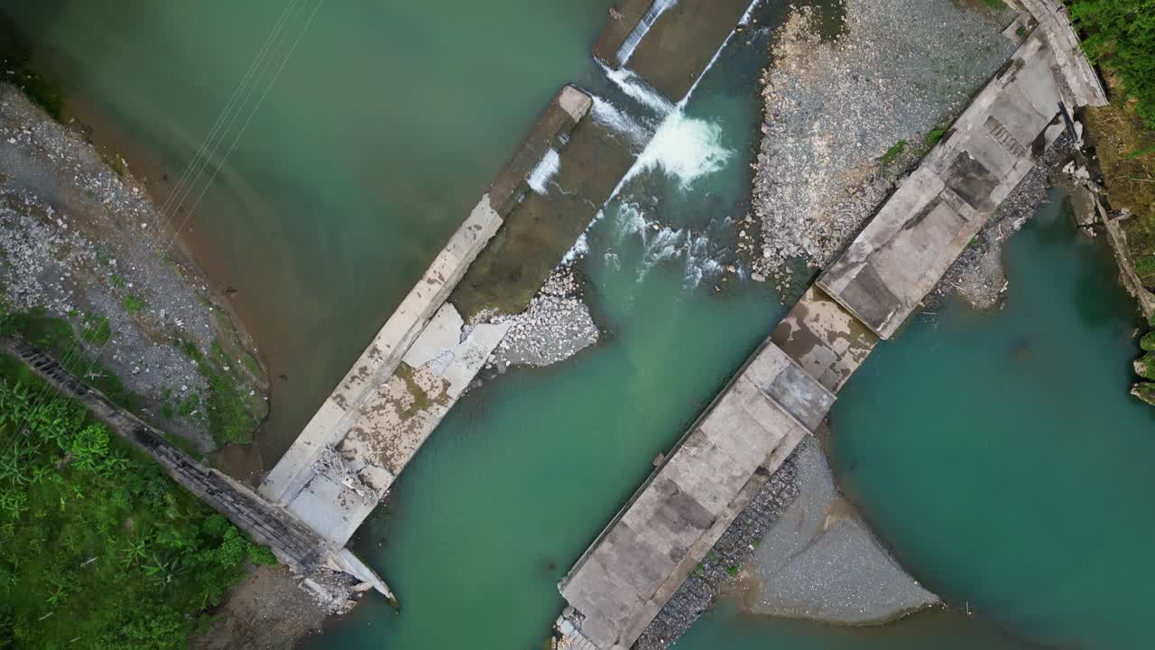 River Dam Near Road Bridge Of Sto. Domingo In Virac, Catanduanes, Philippines. Aerial Topdown Shot