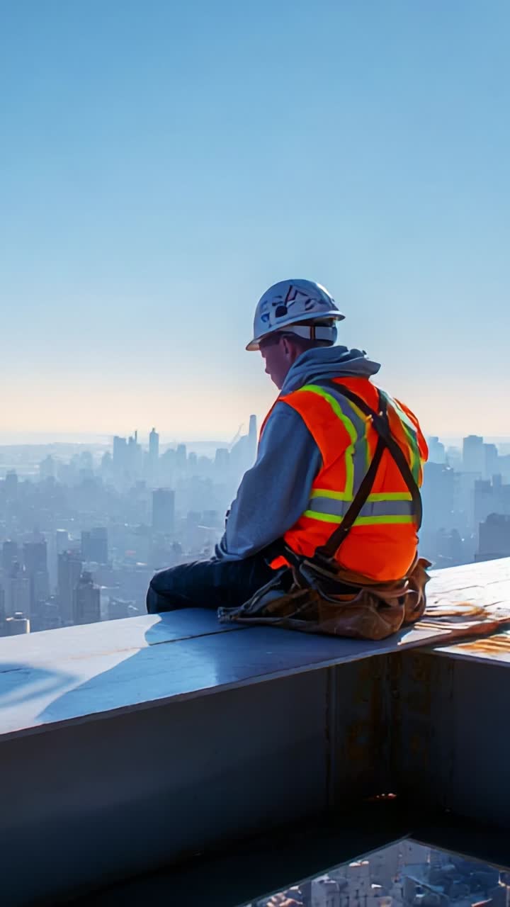 Construction Worker Silhouetted Against Urban Skyline at Sunrise, Capturing the Determination and Courage Required for High-Rise Building in City Environments