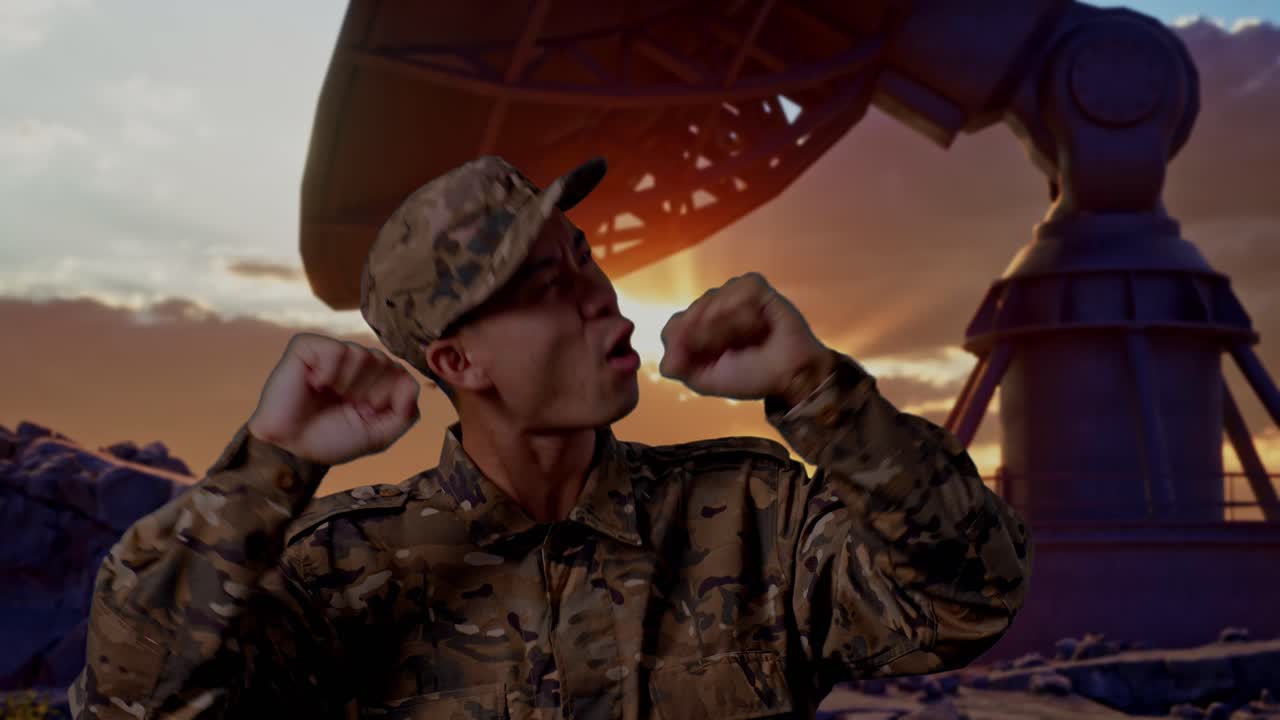 Close Up Of Asian Man Soldier Dancing While Standing With Satellite Dish