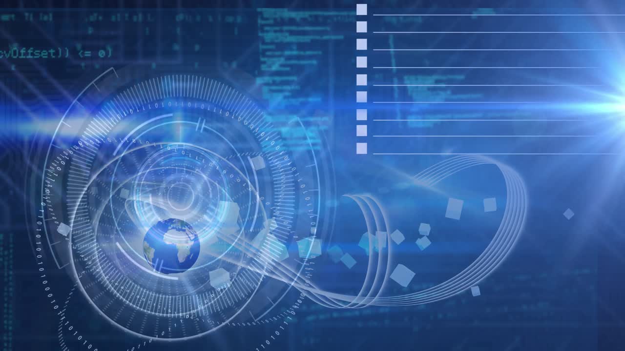 전 세계를 스캔하는 범위와 화면에서 데이터 처리의 애니메이션