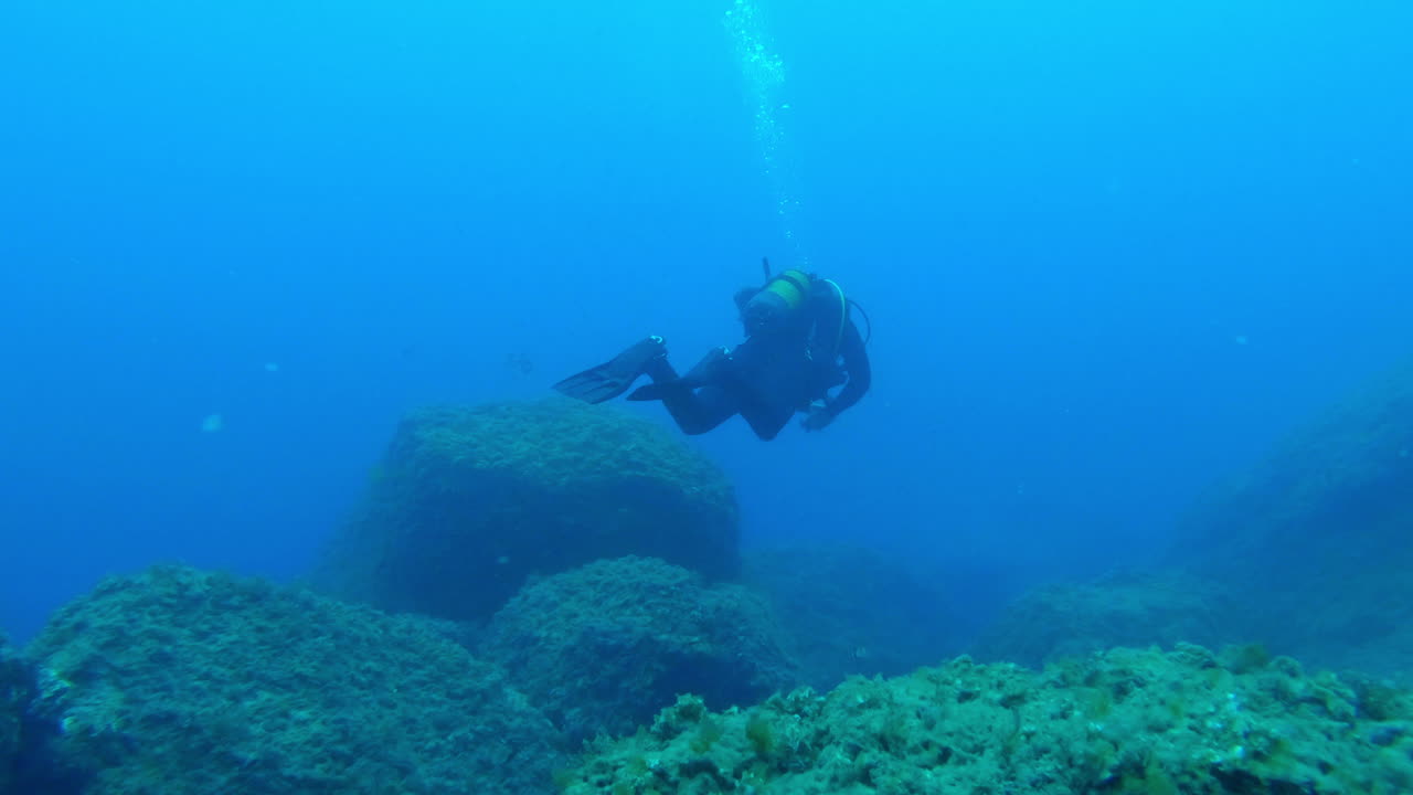 un buzo nadando cerca del fondo del mar en una inmersión en mallorca, españa