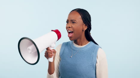 Black-woman,-megaphone-and-shouting-in-protest