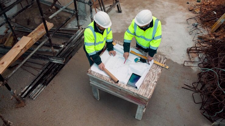 Construction Engineers Reviewing Blueprints on Site