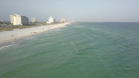 Tourists-Relaxing-On-The-Shore-At-Orange-Beach-Alabama-On-A-Cloudy-Day---aerial-drone-shot