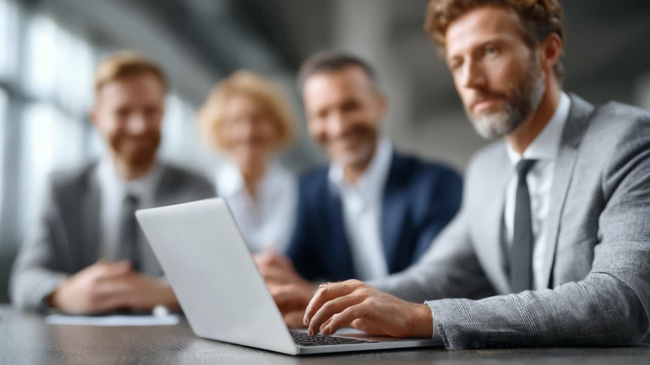 A professional business meeting featuring a focused individual typing on a laptop while colleagues engage in conversation, showcasing collaboration and productivity