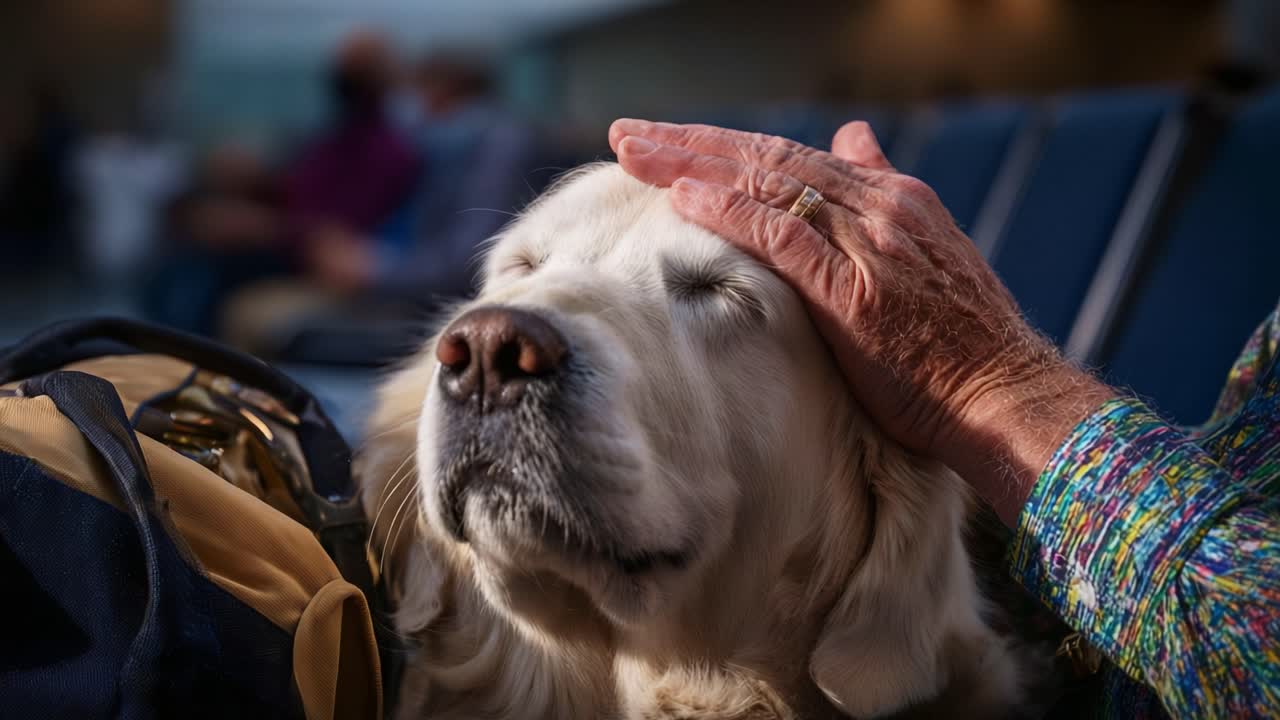 A Golden Retriever Enjoys Gentle Affection as Someone Softly Pets Its Head at an Indoor Space, Showcasing the Bond Between Humans and Pets in a Relaxed Atmosphere