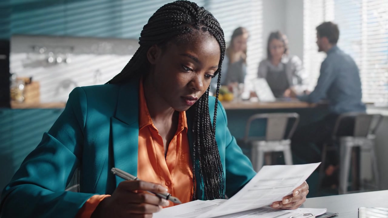 Focused Young Professional Reviewing Documents in a Bright Office Environment While Colleagues Collaborate in the Background, Capturing a Productive Work Atmosphere.