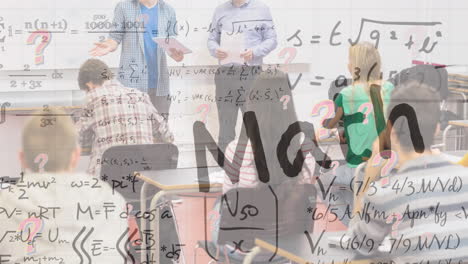 animación de texto de matemáticas y ecuaciones matemáticas sobre diversos estudiantes en el aula