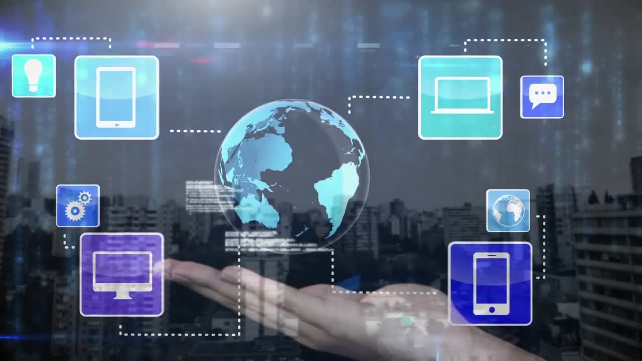 Animation of network of icons with globe over man's hand and cityscape
