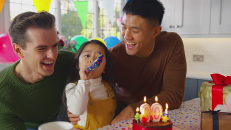 family with two dads and daughter celebrate parents 30th birthday at home with cake and party blower