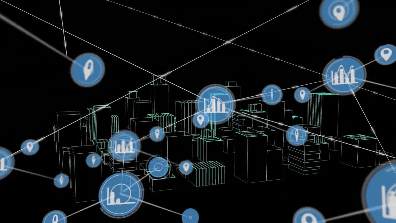 Digital animation of network of connections against 3d city model spinning on black background