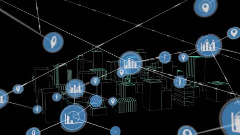 animazione digitale della rete di connessioni contro il modello di città 3d che gira su sfondo nero