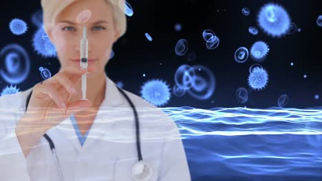 médico con jeringa contra células sanguíneas y células de infección bacteriana