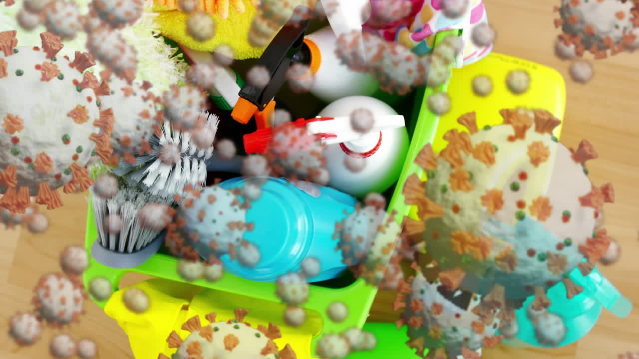 코로나19 세포가 여러 청소 장비를 향해 움직입니다.