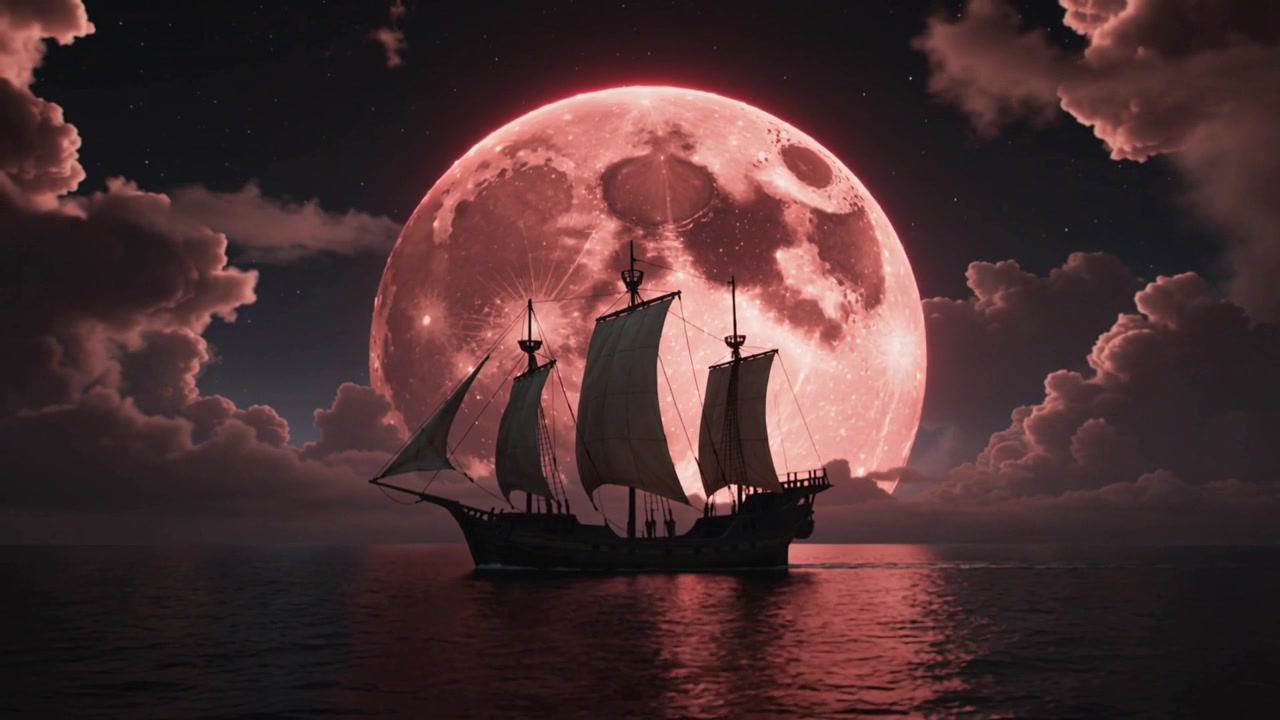 Luna rossa che sorge e si illumina dietro una nave a 3 alberi in silhouette su un mare calmo, con le vele che si muovono.