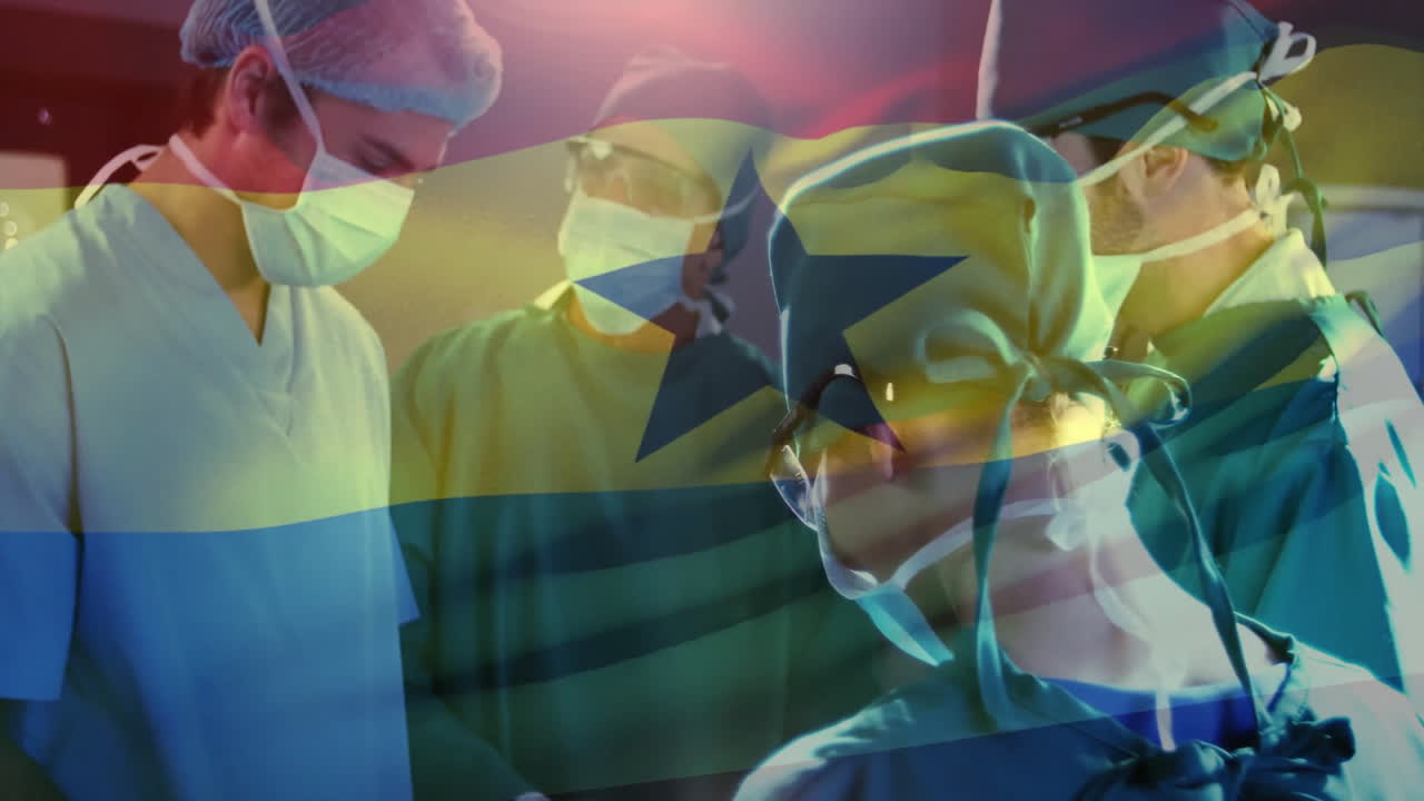 Four surgeons collaborating in operating room, displaying animated health charts and data