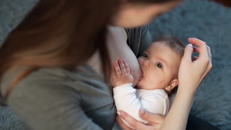 close-up beautiful baby girl 6 months breastfed and stroked on the head