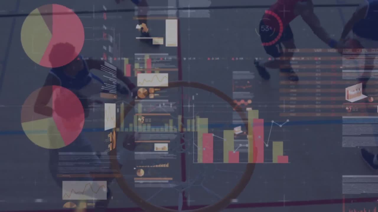 체육관에서 다양한 남성 농구 선수 그룹에 대한 금융 데이터 처리 애니메이션