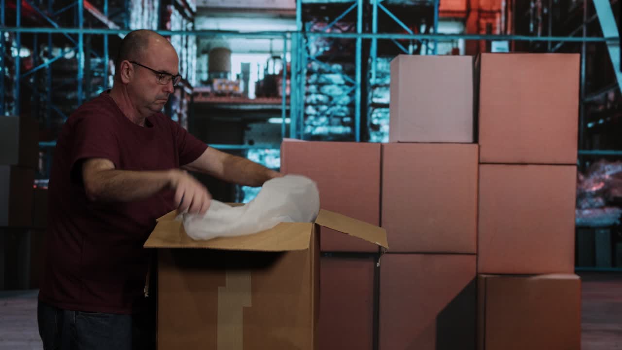 hombre caucásico de mediana edad caminando hacia cajas de cartón en el almacén y desempaquetando la caja y alejándose