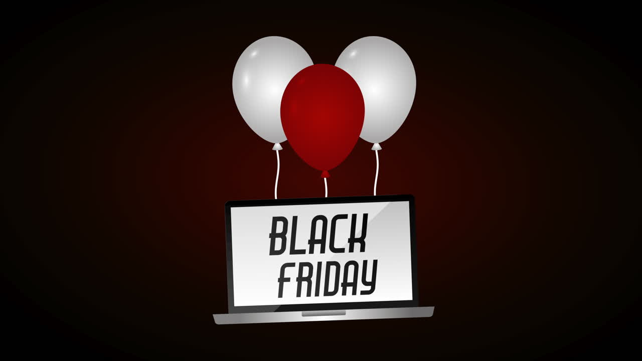 black friday ofrece etiquetas con computadora portátil y globos de helio