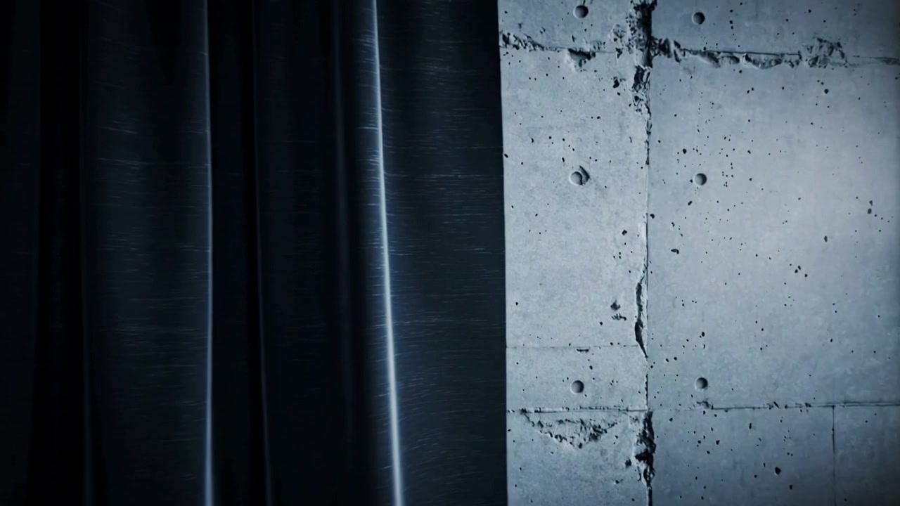 Sliding dark curtain after offscreen pull in studio, revealing concrete wall and window, copy space