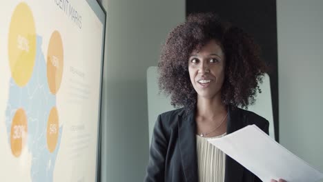 african american businesswoman showing map and explaining data