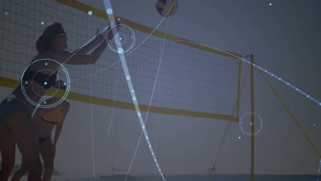 playing beach volleyball, people jumping to hit ball in animated network connections