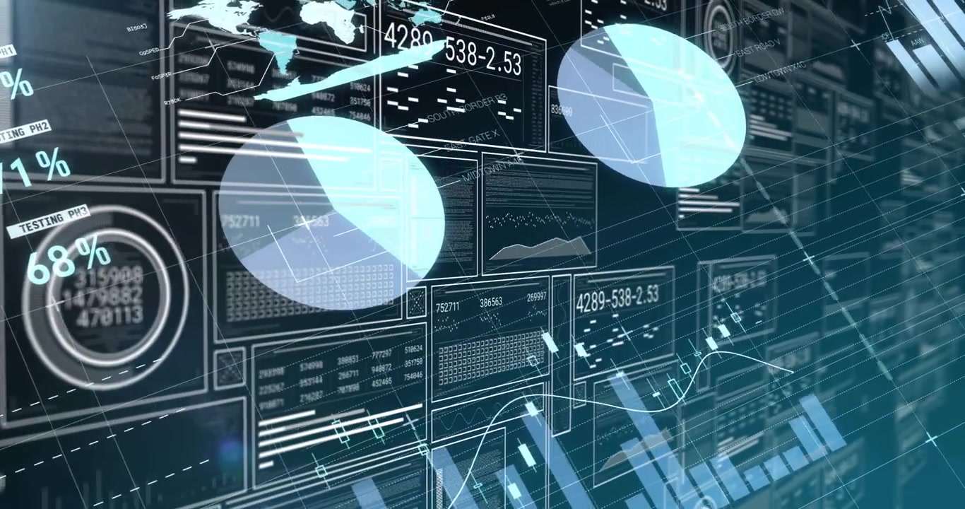 Vertical video: On pan 3D dash moving right, panels sliding, charts growing, showing analytics