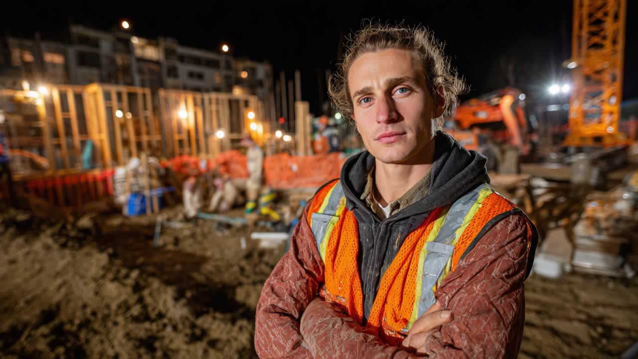 En engageret bygningsarbejder står selvsikkert på en byggeplads om natten og viser modstandsdygtighed og beslutsomhed midt i den igangværende byggeaktivitet.