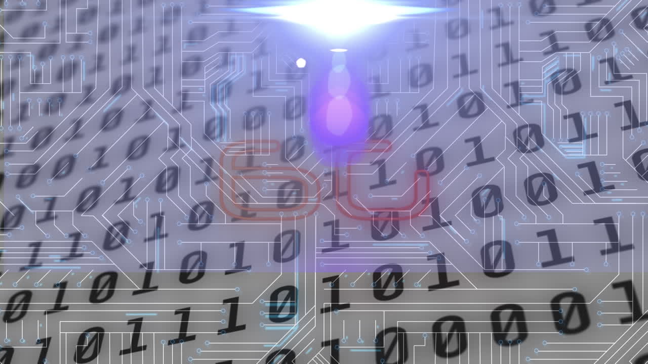 Animation of 6g text, binary coding, data processing over glowing computer circuit board