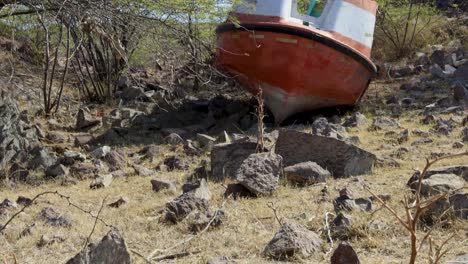 isolated rusted speed boat kept at forest at day from flat angle