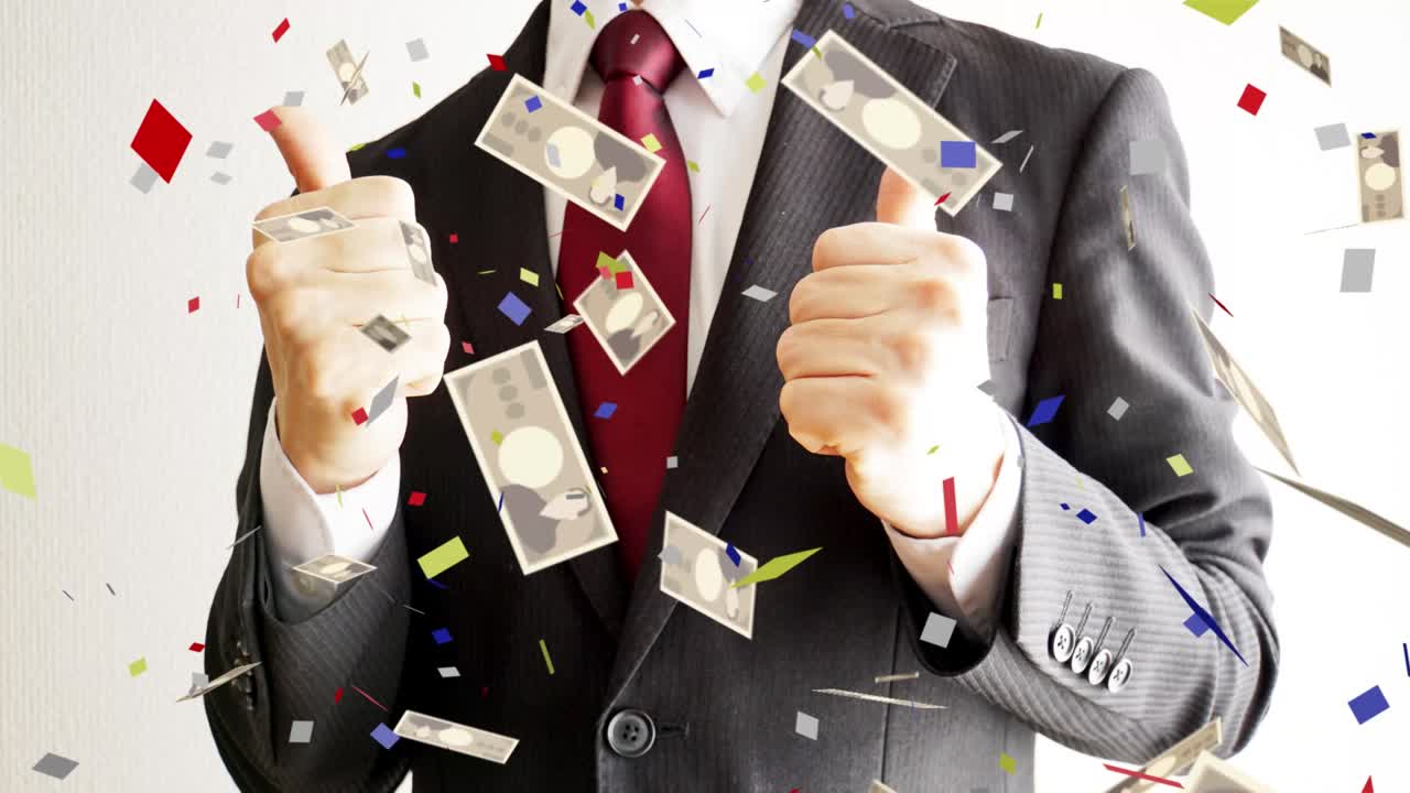 사업가와 공중에서 날아다니는 콘페티.