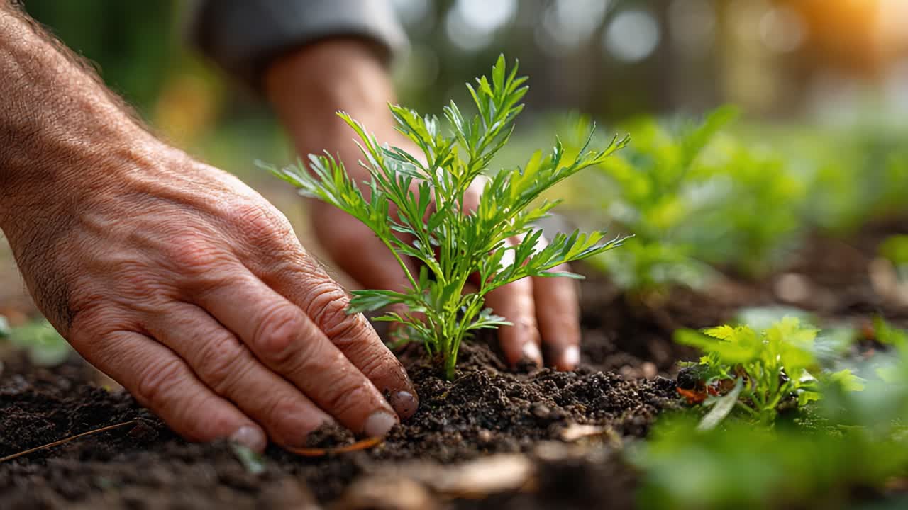 A Gardener's Touch: Nurturing New Life in the Soil as Hands Gently Plant a Young Seedling Amidst Vibrant Greenery Under the Warm Glow of Nature