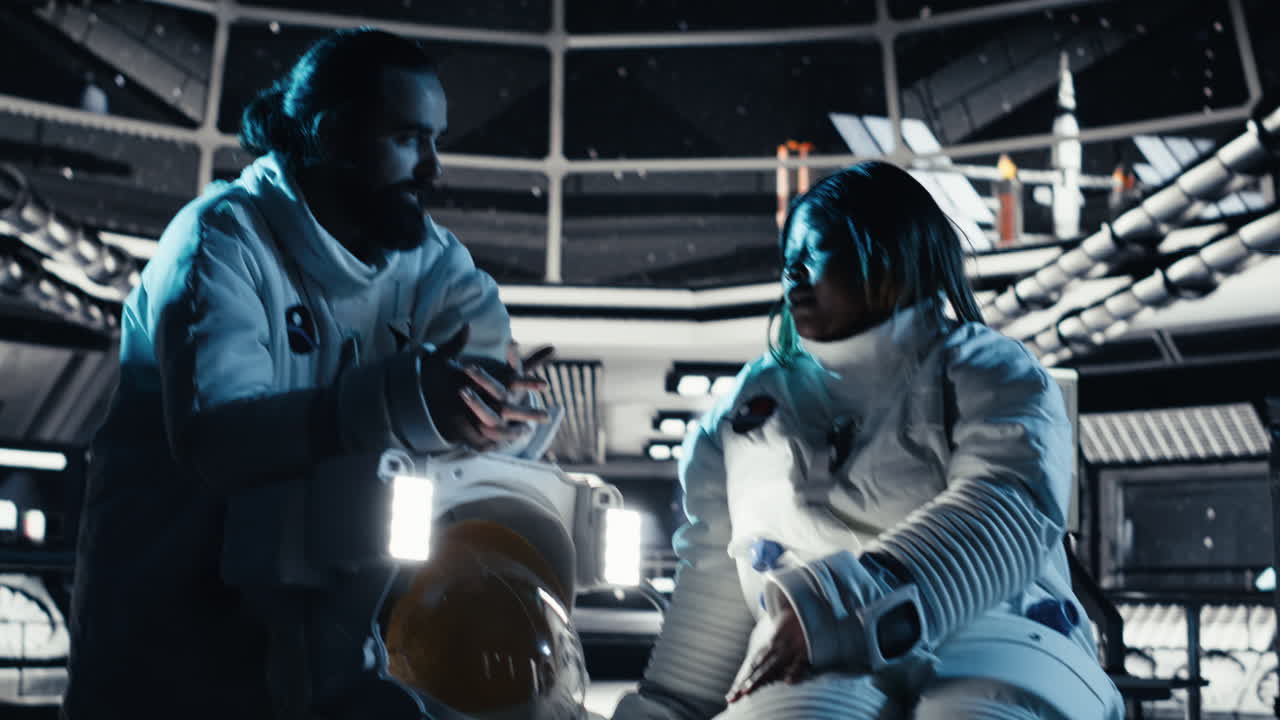 Teamworking cosmonauts chatting, exploring deep space