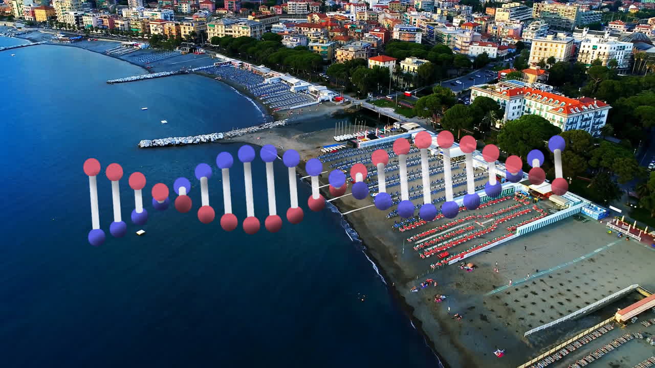 Molecular double helix graphic floating above Mediterranean beach resort town in colorful 3D render